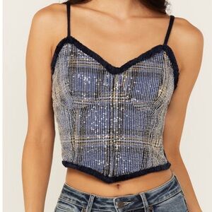 MISS ME WOMEN'S SEQUINS PLAID PRINT TANK